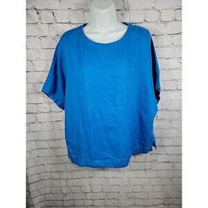 Womens M & S Pure Linen Top Size 14 Bright Blue Short Sleeve